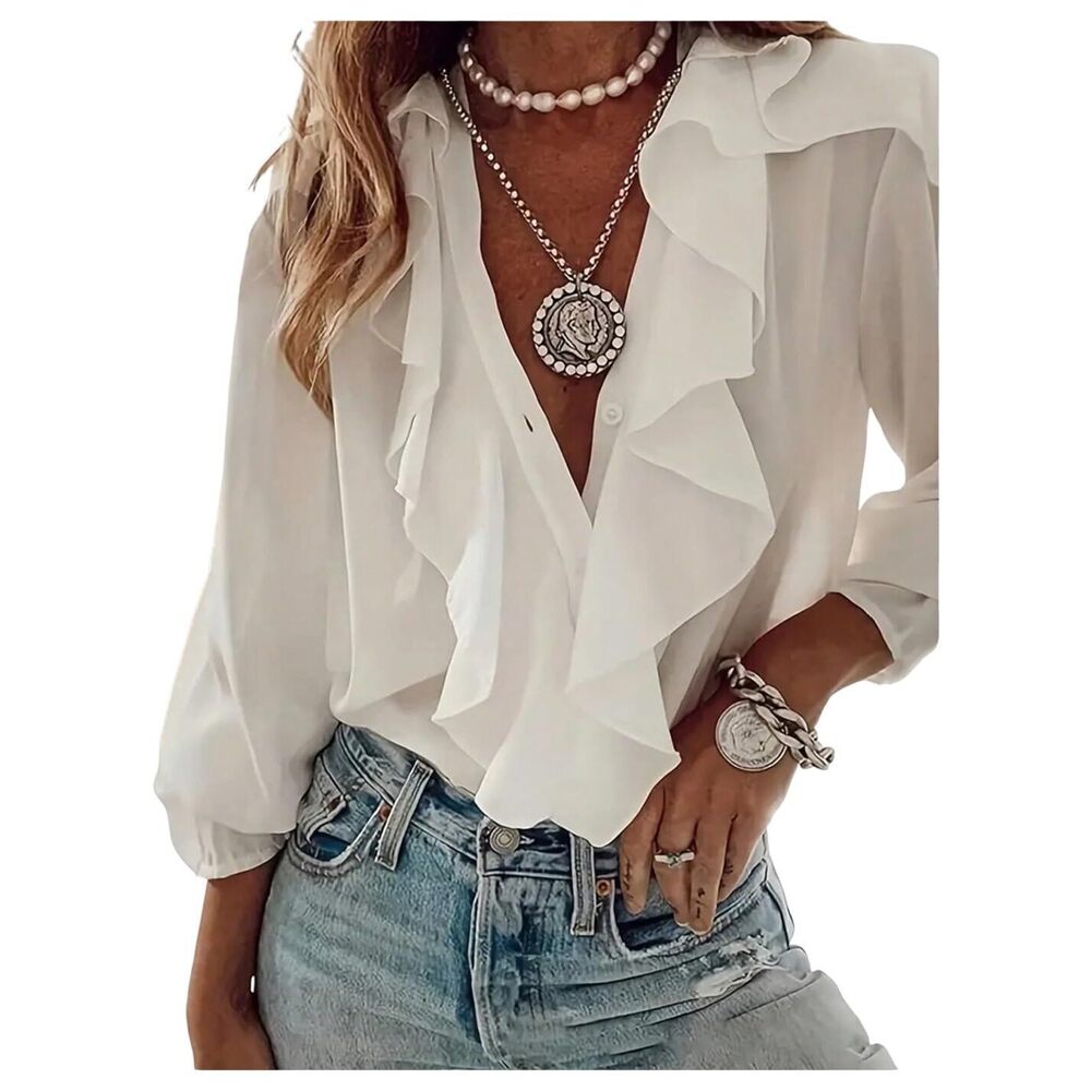 Women's Ruffled Top Blouses Dressy Business Casual Button Up Long
